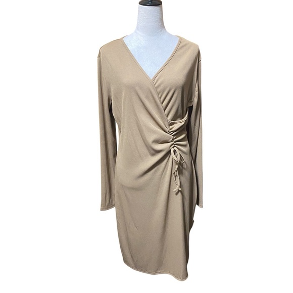 NWT Ribbed Tan Faux Wrap Dress - Picture 2 of 4